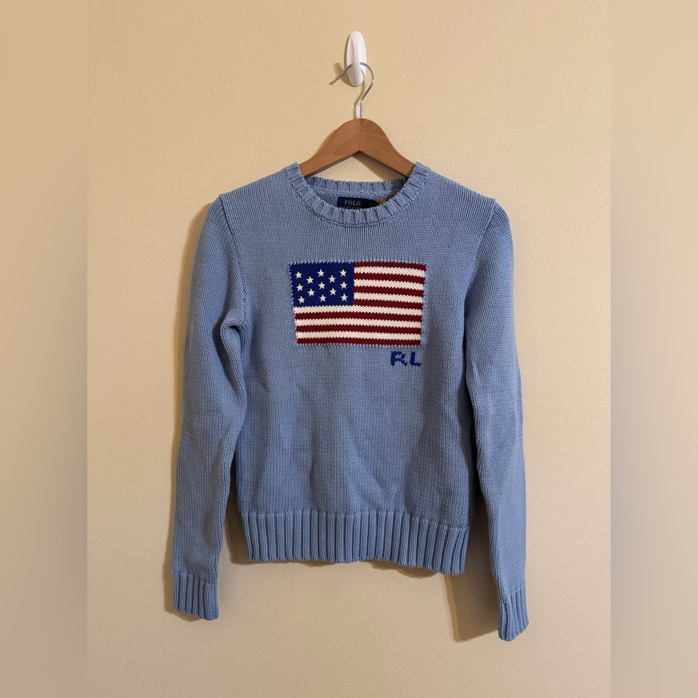 Polo Ralph Lauren New American Flag Sweater USA Knit Crewneck Blue Small